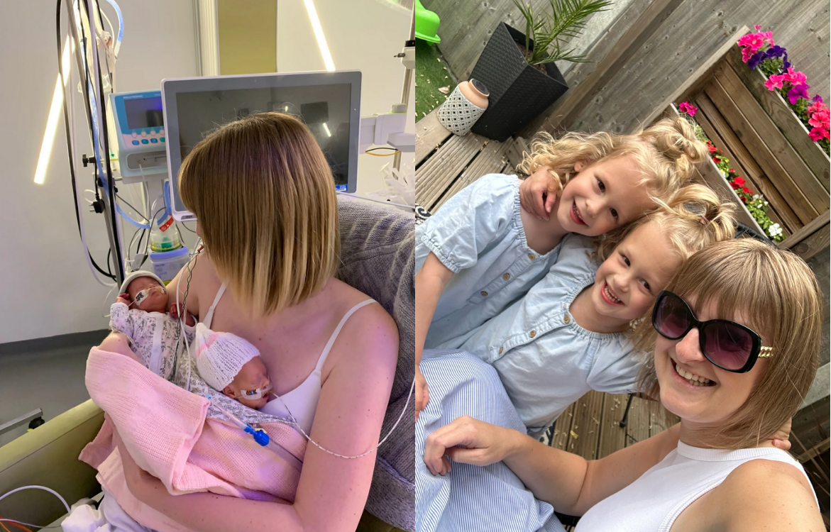Abbie and her girls, pictured in the NICU and then years later as they turn three